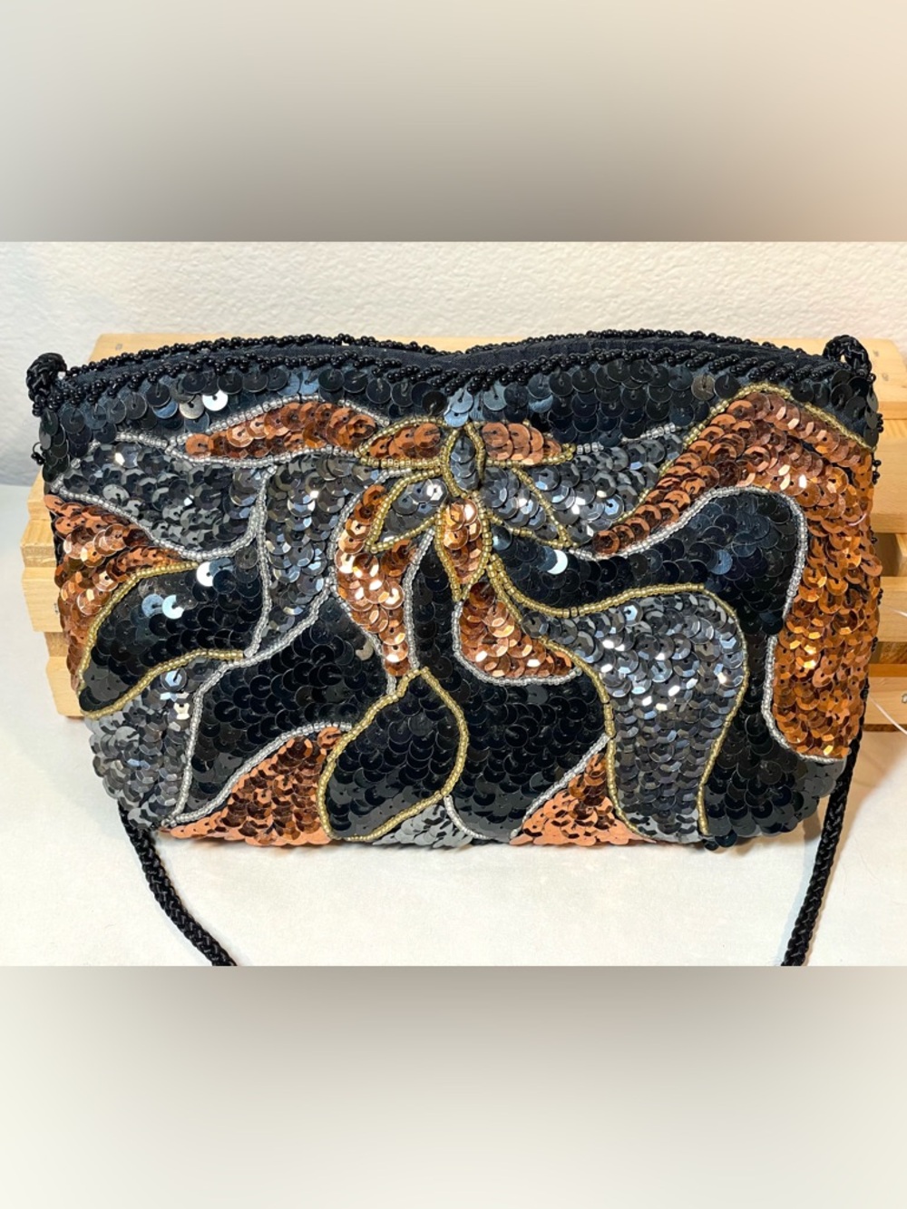 Black Silver Copper Sequin Evening Clutch Handbag | 19” Strap | Like New - Picture 4 of 13